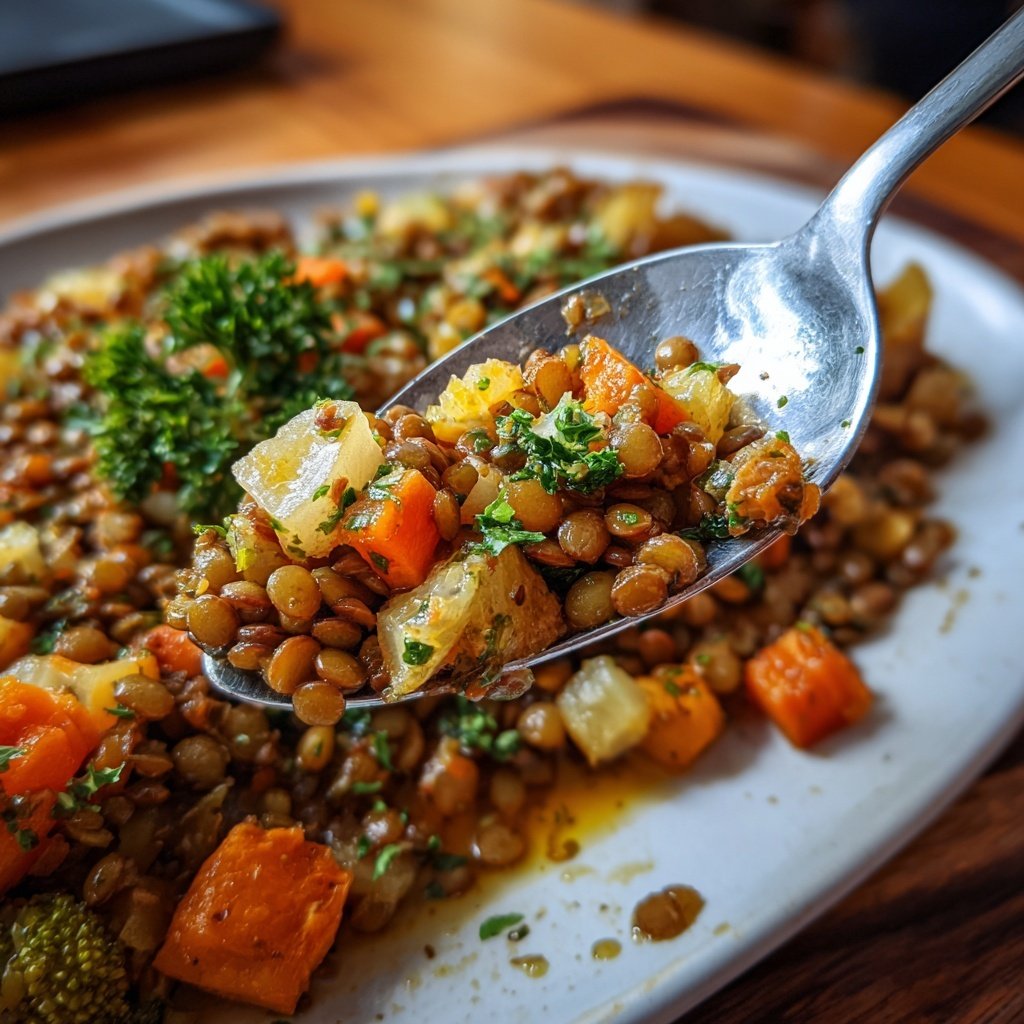 Mittagessen mit Linsen und Gemüse
