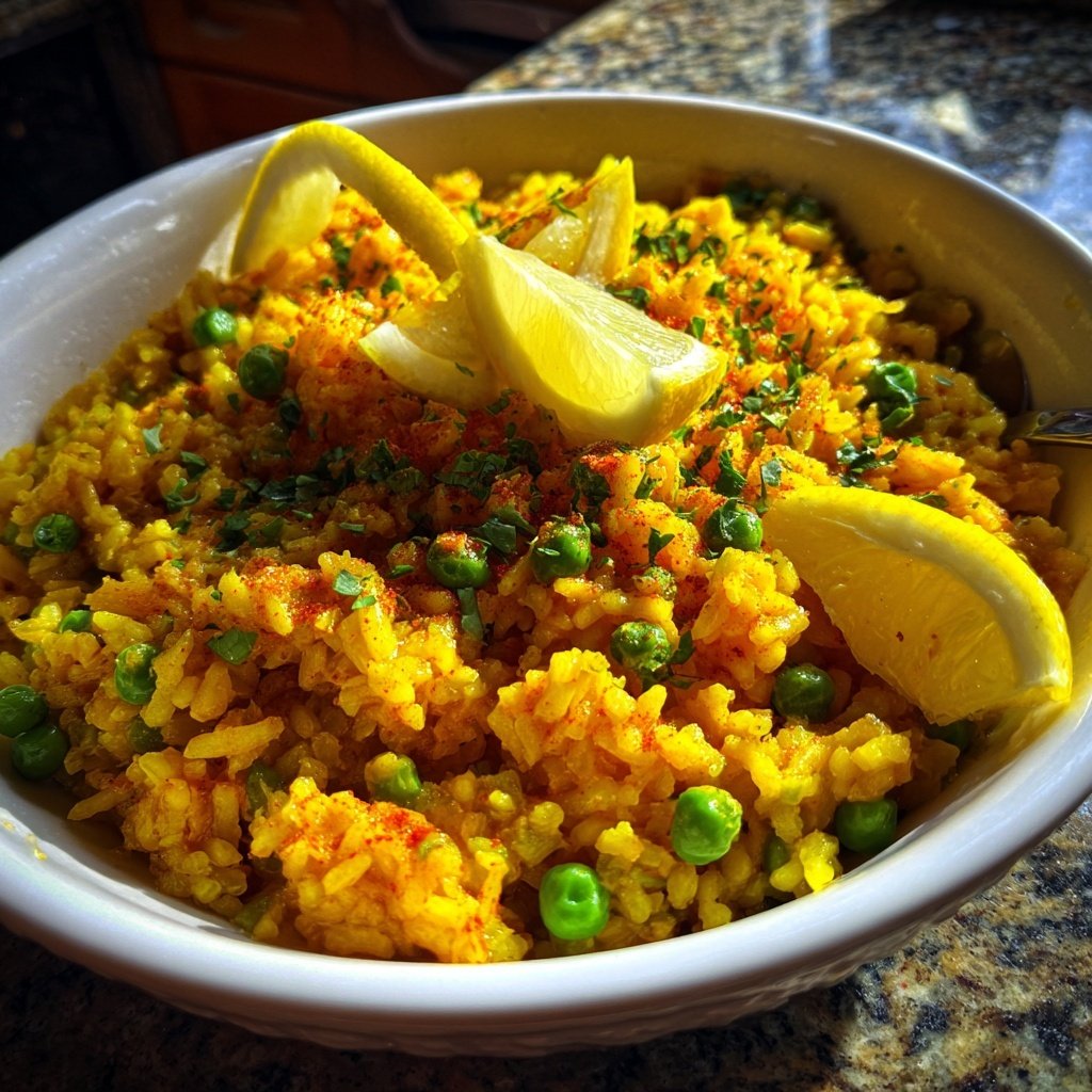 Paella mit Erbsen und Zitrone
