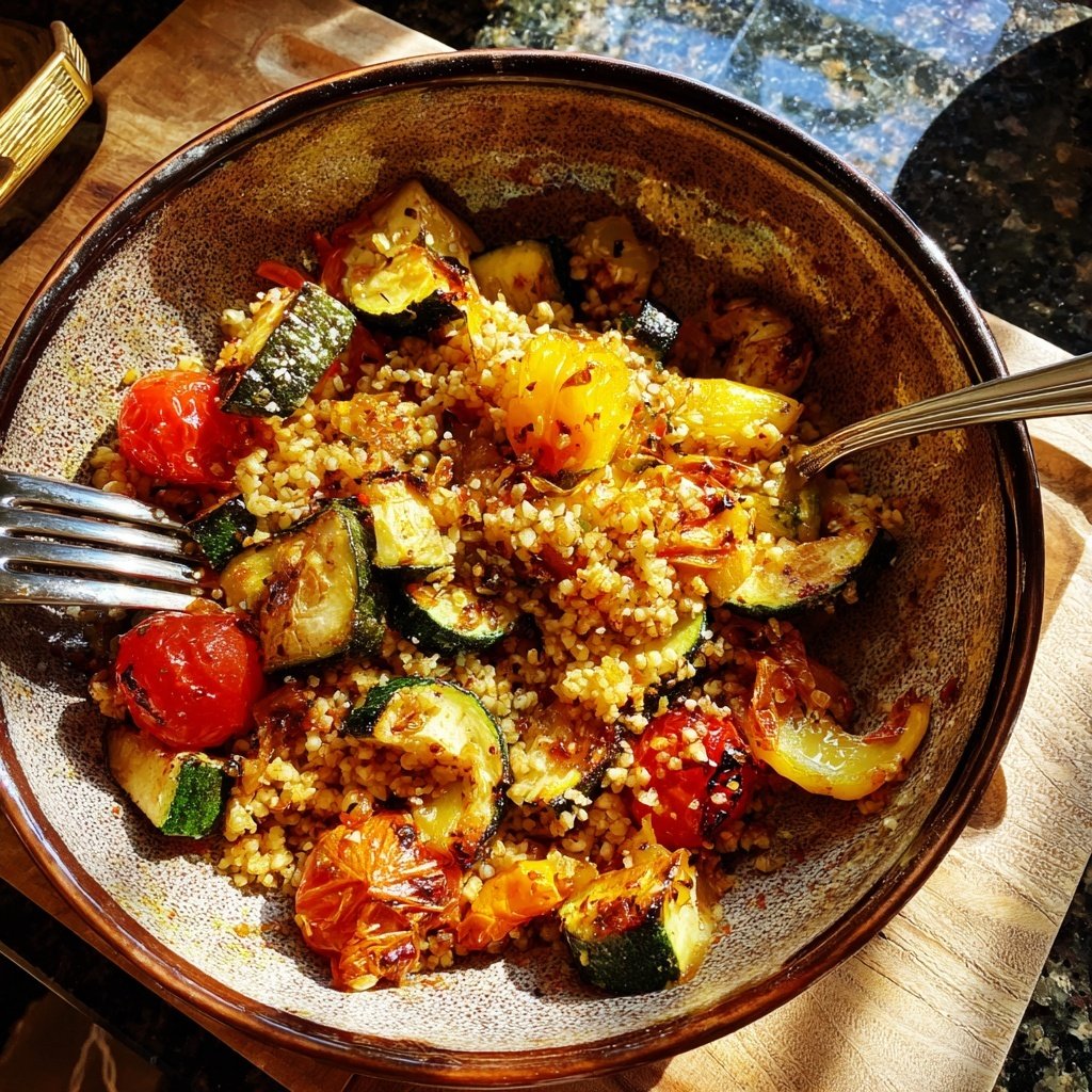 Mittagessen mit Bulgur und Ofengemüse