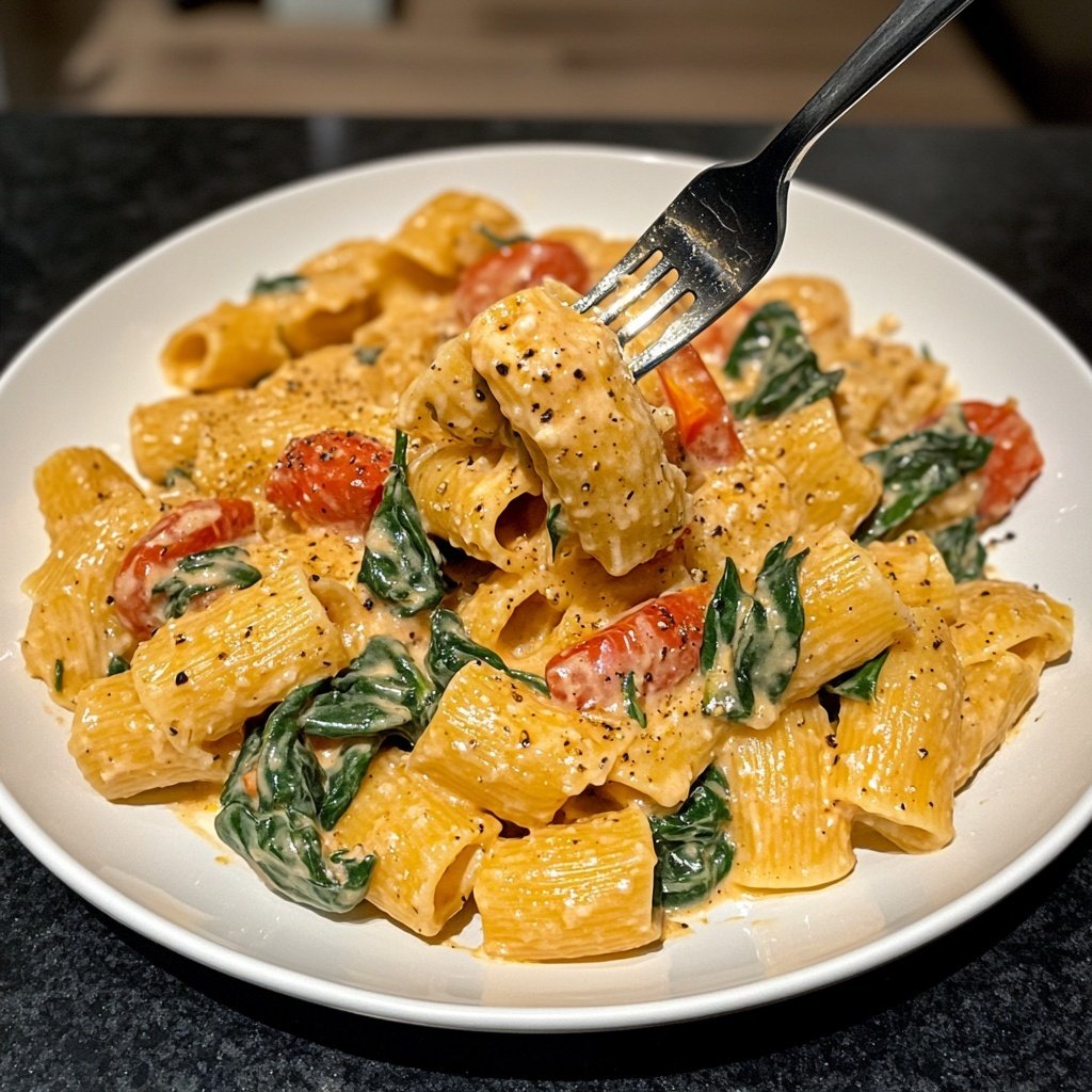 One-Pot Pasta mit Tomaten & Spinat