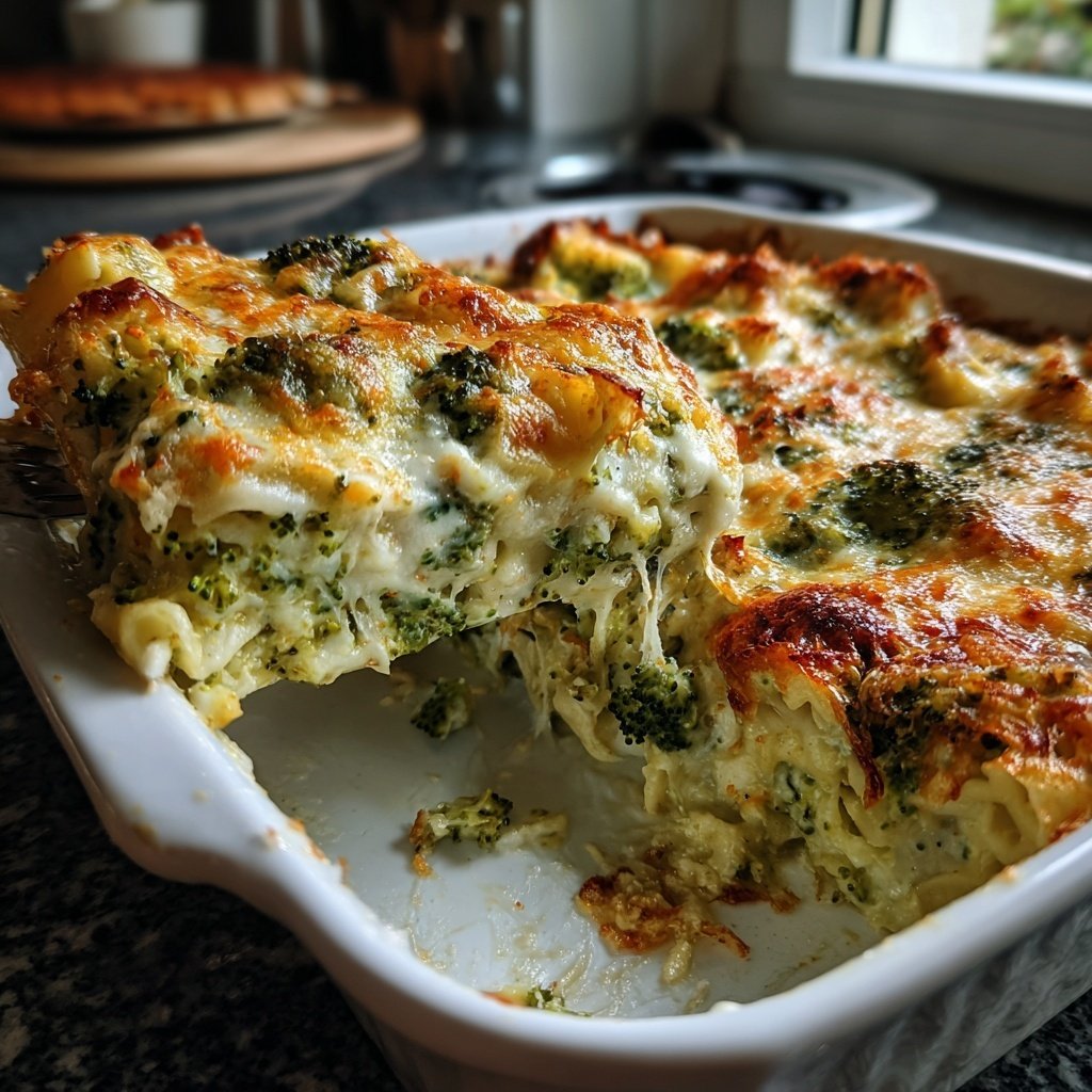 Vegetarischer Nudelauflauf mit Brokkoli und Erbsen