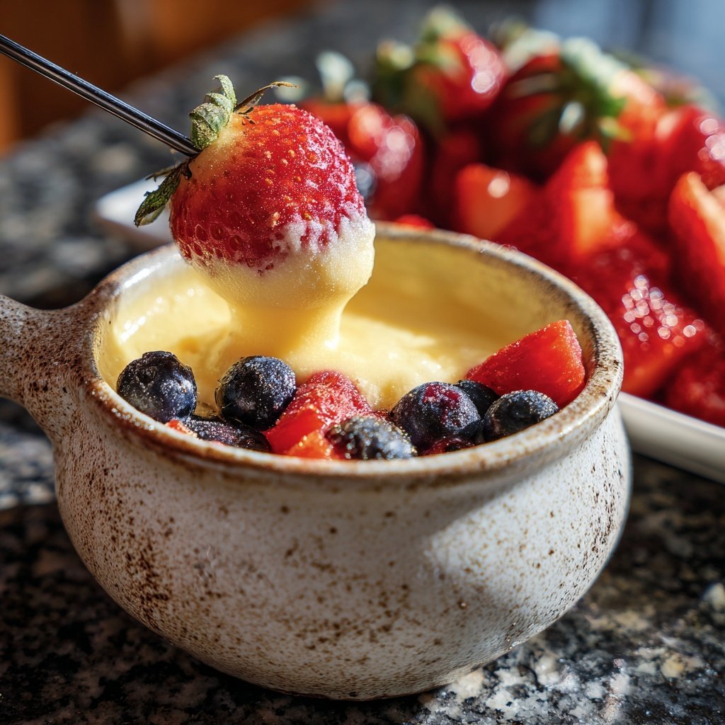 Fondue mit weißer Schokolade und Beeren